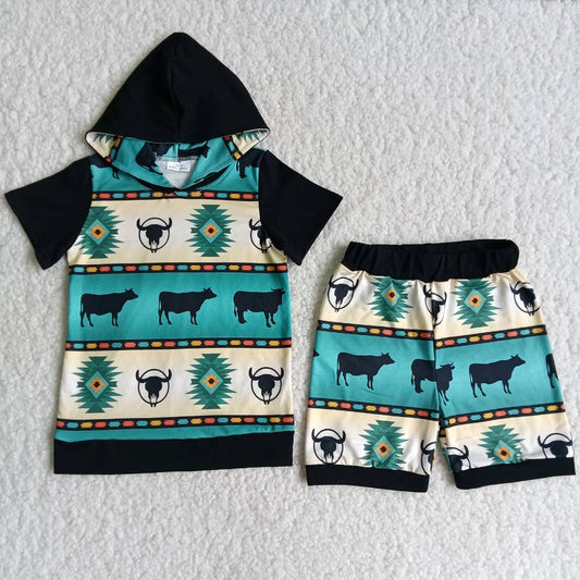 Promotion Baby Boy Short Sleeves Hoodie Shirt Shorts Western Cow Set