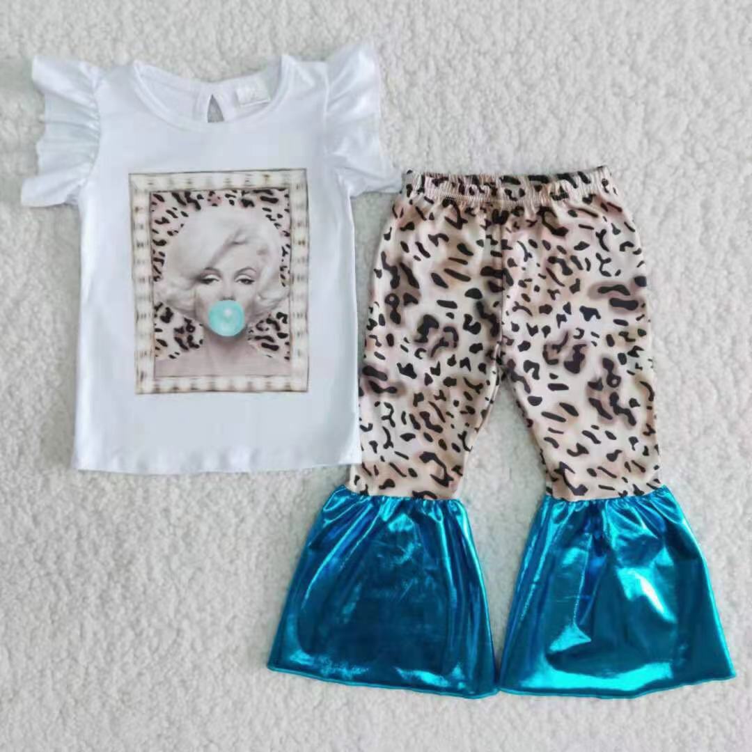 Promotion B4-13 Baby Girl Short Sleeves Leopard Bell Pants Outfit