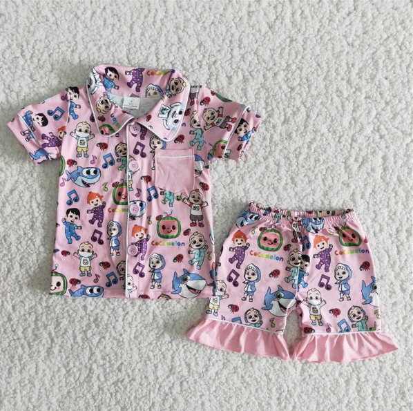 Promotion B4-14 Baby Girl Short Sleeves Cartoon Melon Tops Shorts Summer Pink Pajamas Set