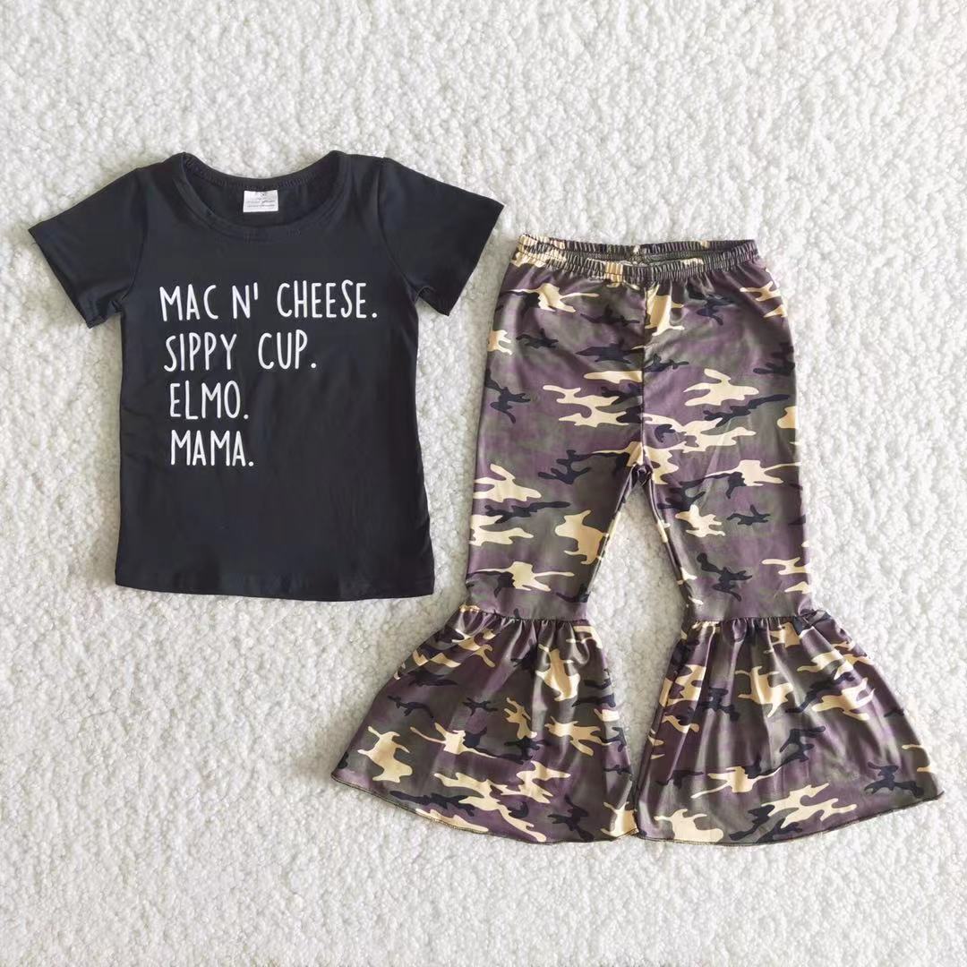 Promotion Baby Girl Black Vinyl Shirt Camo Bell Bottom Outfit