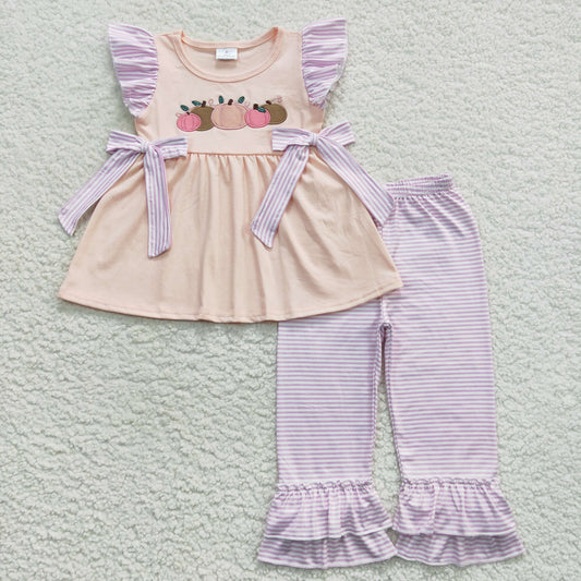 GSPO0783 Baby Girl Embroidery Pumpkin Tops Purple Striped Pants Outfit