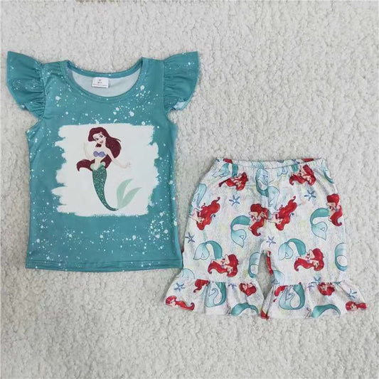 Promotion Baby Girl Summer Short Sleeves Mermaid Shirt Shorts Outfit