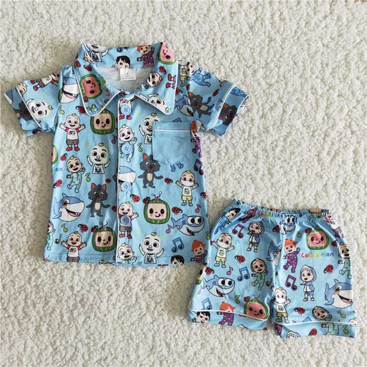 Promotion Baby Boy Summer Blue Cartoon Melon Pajamas Shorts Outfit