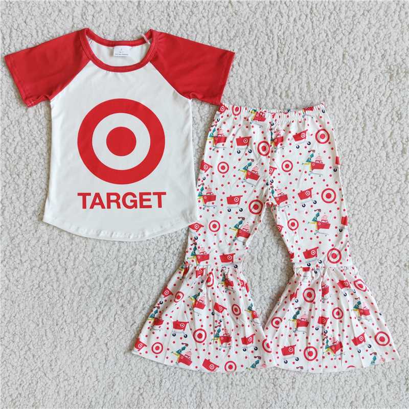 Promotion B5-21 Baby Girl Short Sleeves Shirt Red Circle Bell Pants Outfit