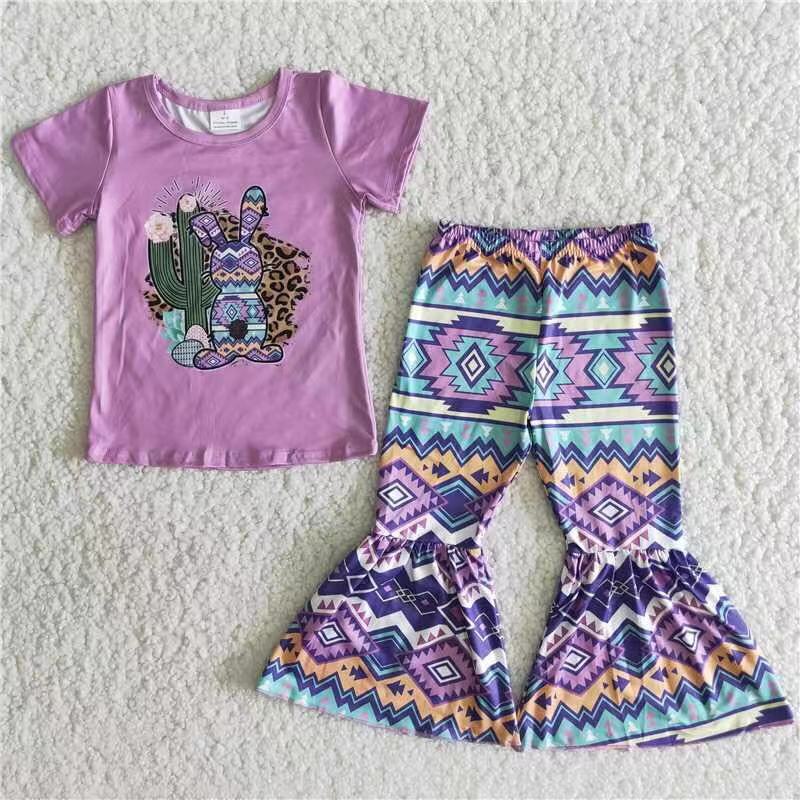 Promotion B5-24 Easter Baby Girl Western Cactus Rabbit Bunny Purple Bell Pants Outfit