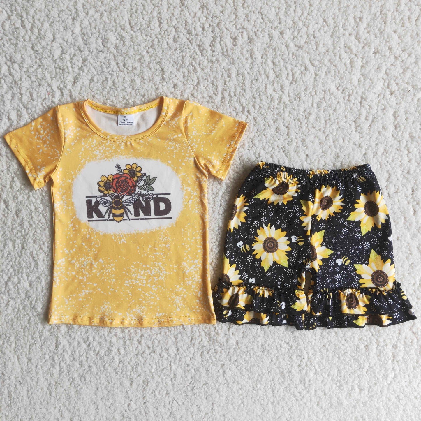 Promotion Baby Girl Summer Yellow Short Sleeves Shirt Bee Sunflower Shorts Outfit