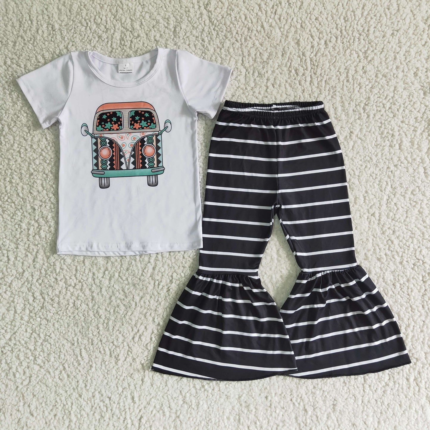 Promotion Baby Girl Back To School Bus Stripe Bell Pants Outfit