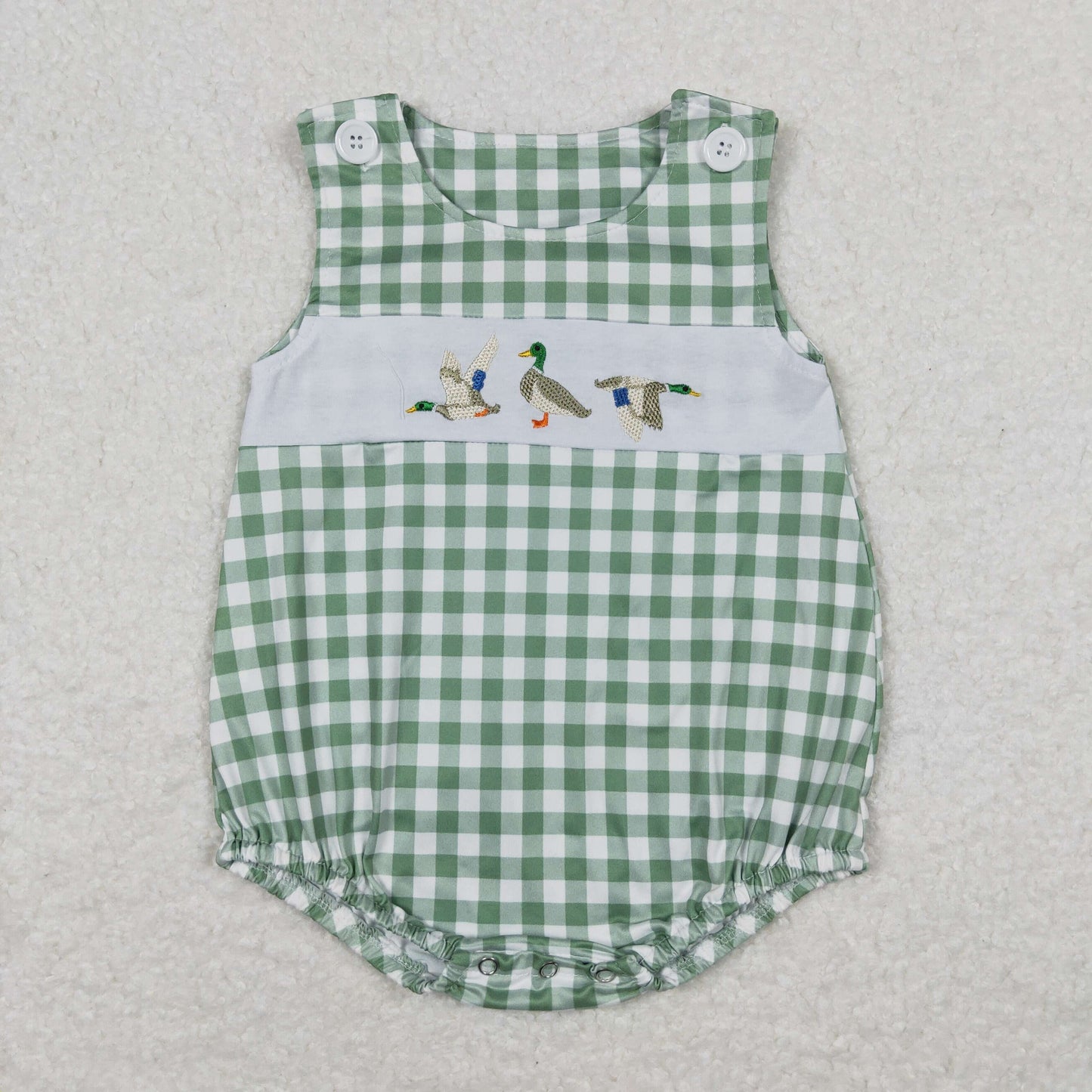 Baby Girl Embroidery Ducks Green Plaid One Piece Summer Romper