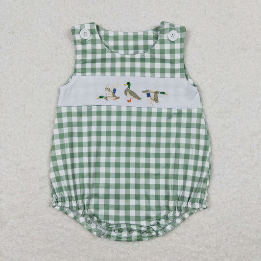 Baby Boy Embroidery Ducks Green Plaid One Piece Summer Romper