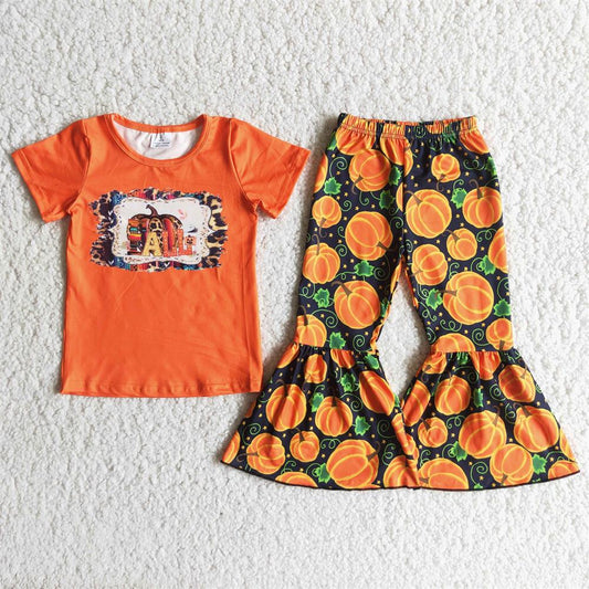 Promotion B6-1 Baby Girl Short Sleeves Pumpkin Shirt Bell Pants Fall Outfit