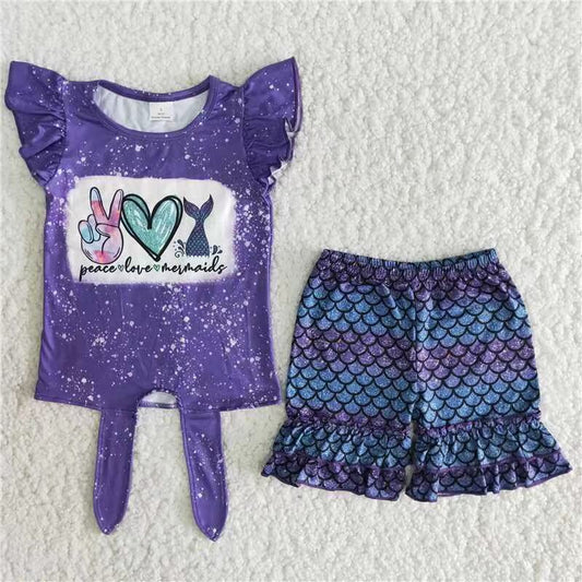 Promotion Baby Girl Summer Short Sleeves Mermaid Shirt Shorts Purple Outfit