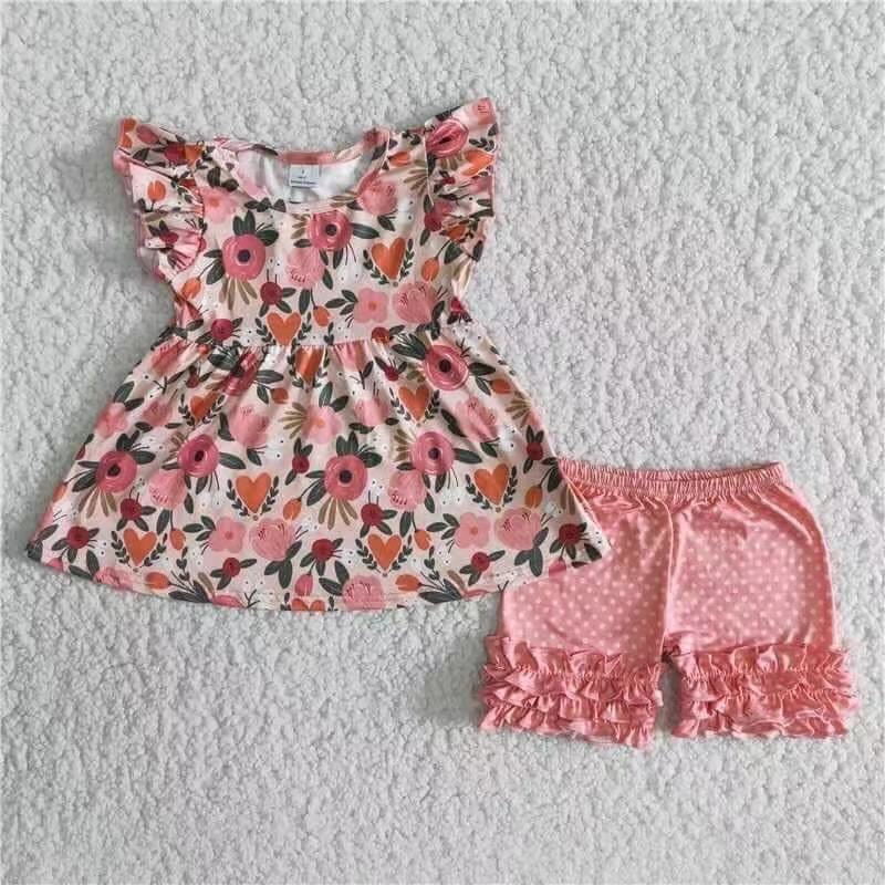 Promotion Baby Girl Short Sleeves Floral Tunic Pink Shorts Set