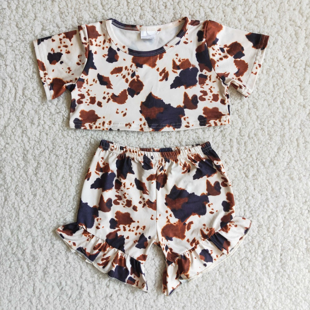 Promotion Baby Girl Summer Short Sleeves Cow Print Tops Shorts Western Set