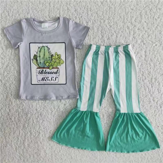 Promotion Baby Girl Short Sleeves Cactus Shirt Stripes Bell Pants Set