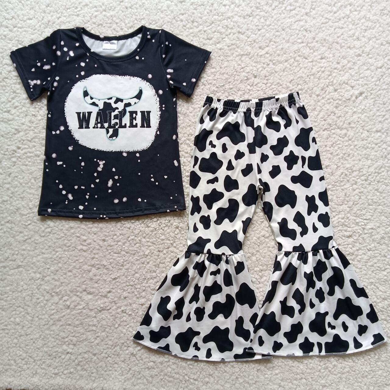 Promotion Baby Girl Short Sleeves Shirt Western Cow Print Bell Pants Outfit