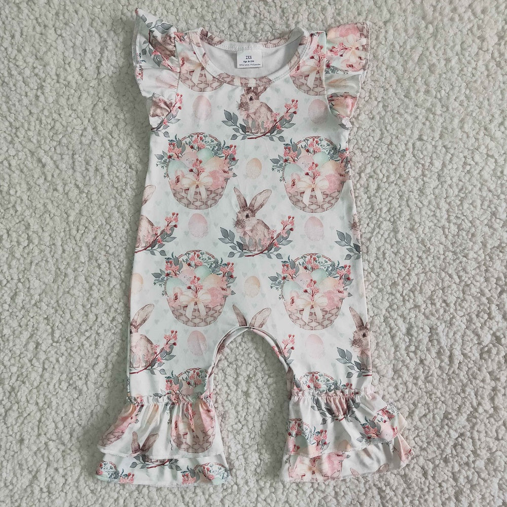 Promotion B6-27 Easter Baby Girl Short Sleeves Rabbit Eggs Floral Ruffle Romper