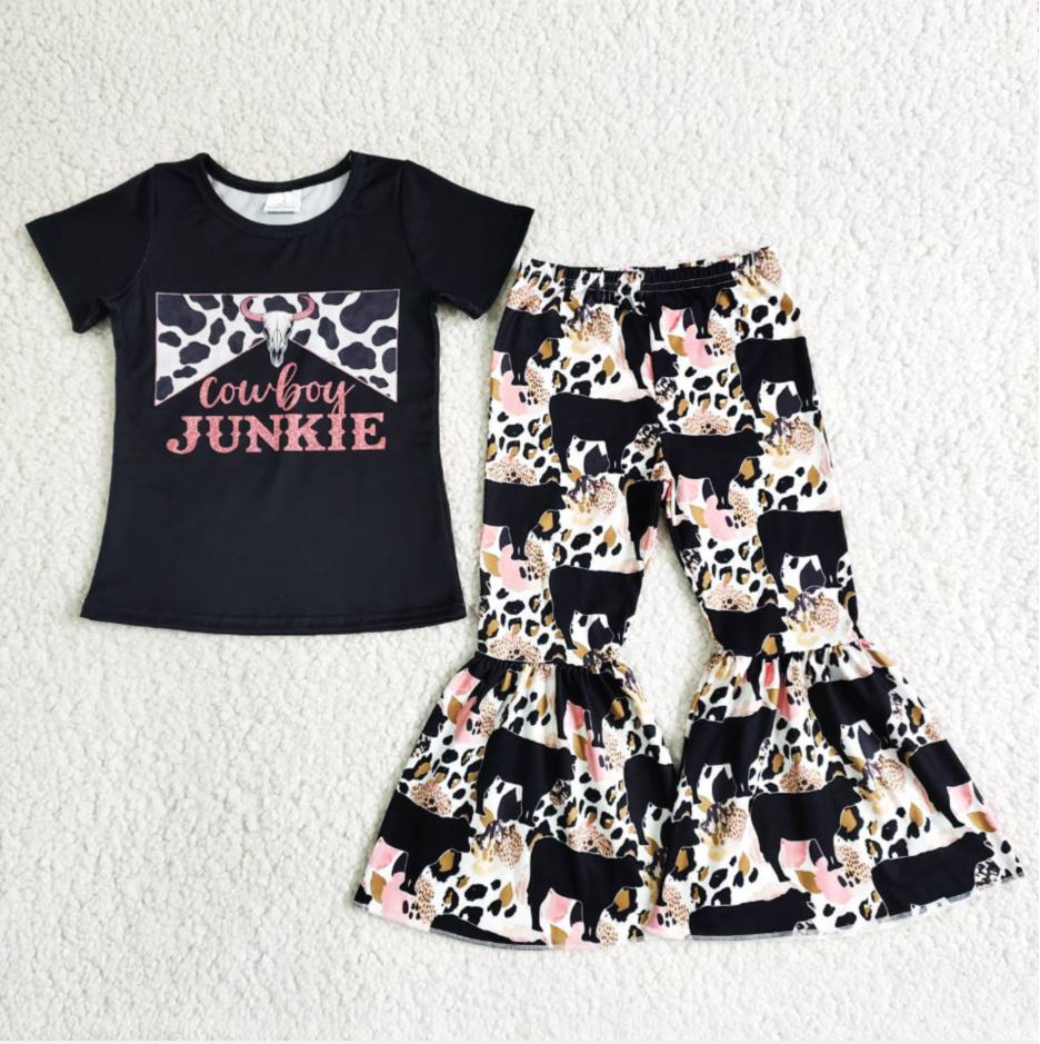 Promotion Baby Girl Black Shirt Cow Print Bell Pants Outfit