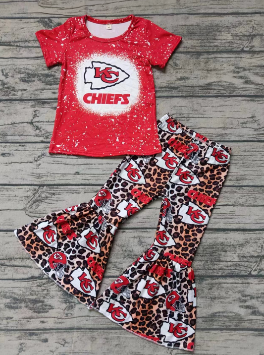 Baby Girl Toddler Red Short Sleeves Shirt Leopard Bell Pants Team Set