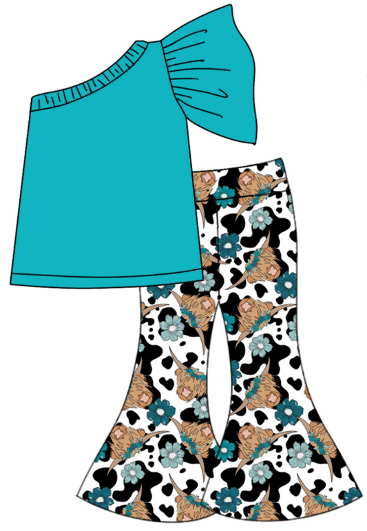 Baby Girl Green Cotton Shirt Western Cow Flower Bell Pants Clothes Set Moq 5