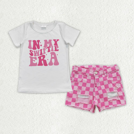 GSSO0671 Baby Girl Short Sleeves Shirt Pink Checkered Denim Shorts Singer Set