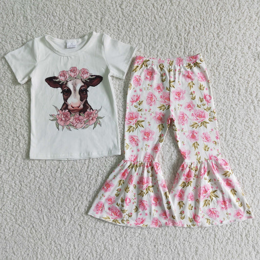 Promotion B7-11 Baby Girl Western Cow Floral Bell Pants Outfit