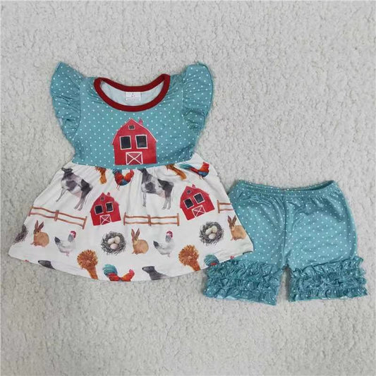 Promotion Baby Girl Short Sleeves Farm Tunic Blue Shorts Set