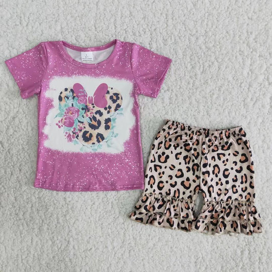 Promotion Baby Girl Short Sleeves Mouse Shirt Leopard Shorts Set