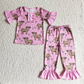 Promotion Baby Girl Short Sleeves Shirt Western Cow Print Pants Pajamas Set RTS