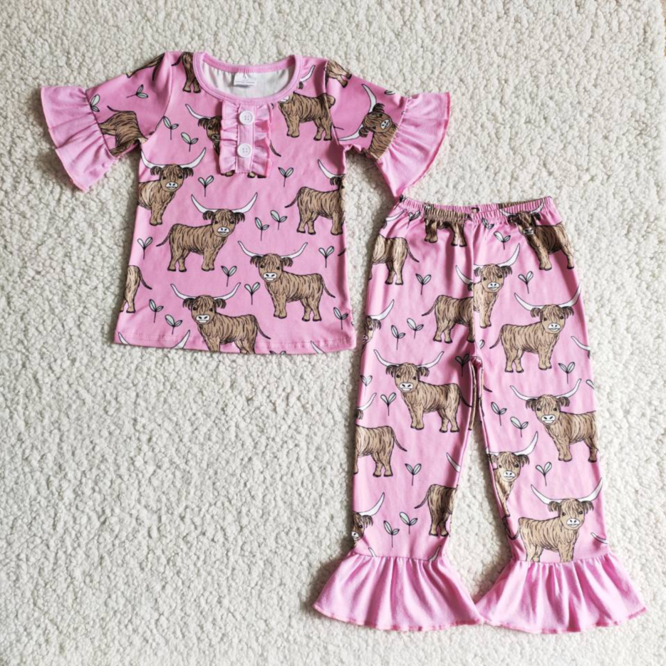 Promotion B7-25 Baby Girl Short Sleeves Shirt Western Cow Print Pants Pajamas Set