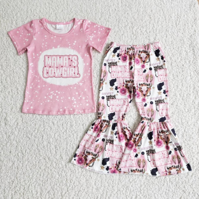 Promotion Baby GIrl Pink Shirt Floral Cow Bell Pants Western Outfit