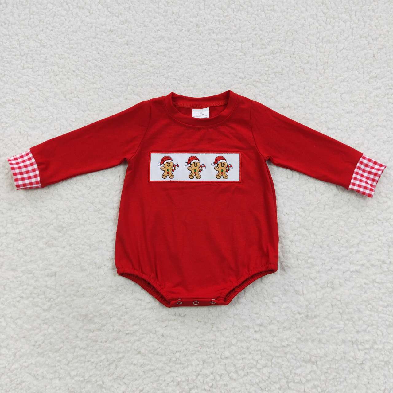 LR0394 Baby Boy Long Sleeves One Piece Christmas Embroidery Gingerbread Red Romper