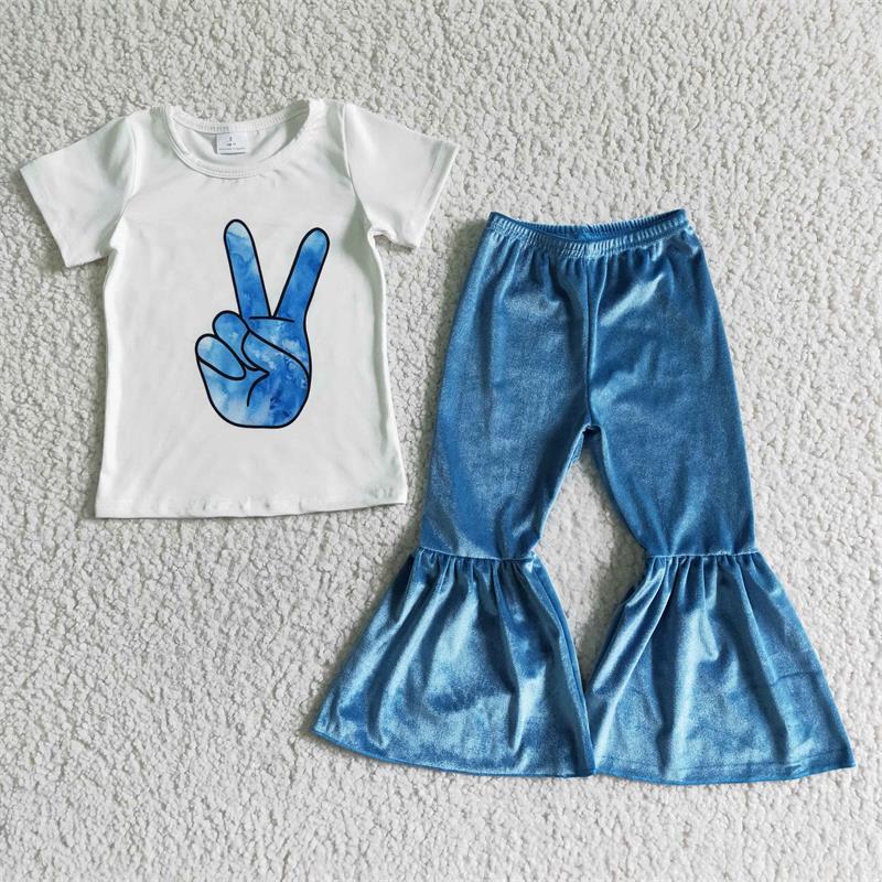 Promotion B8-16 Baby Girl Short Sleeves Blue Velvet Bell Pants Outfit