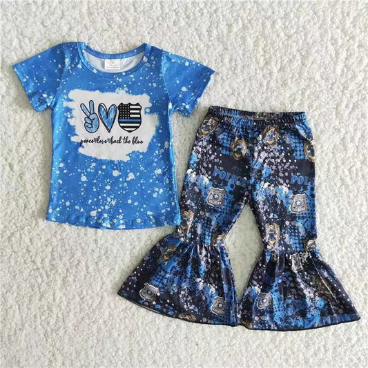 Promotion Baby Girl B8-2 Blue Short Sleeves Shirt Bell Pants Outfit