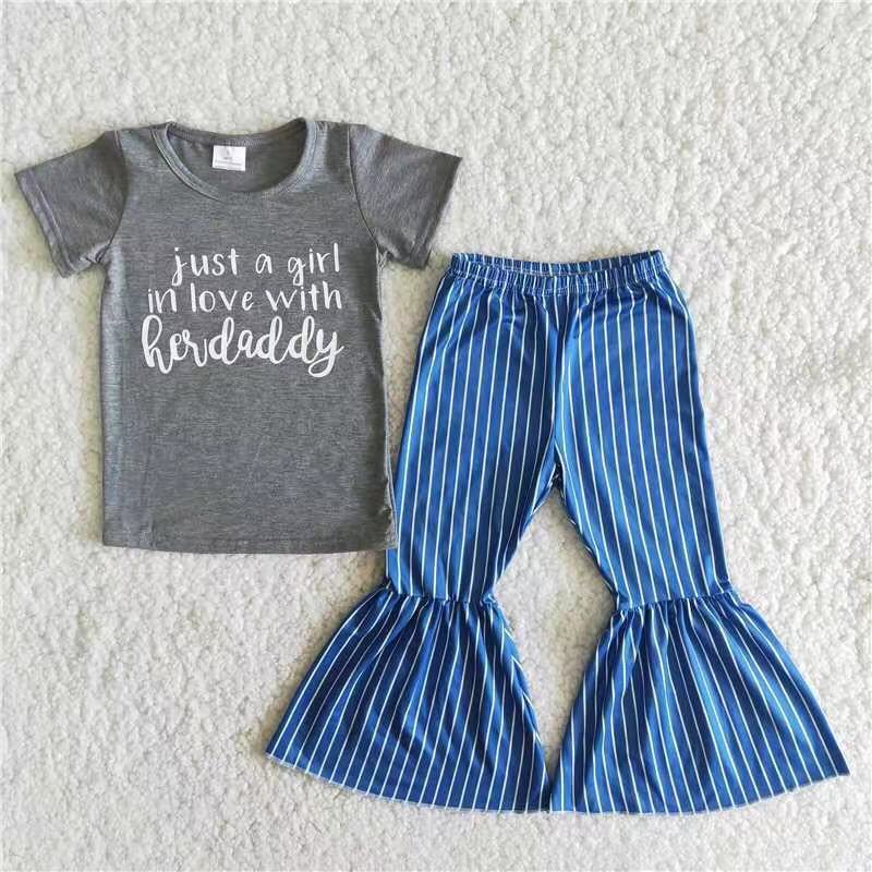 Promotion B8-3 Baby Girl Just A Girl In Love With Her Daddy Shirt Stripes Bell Pants Set