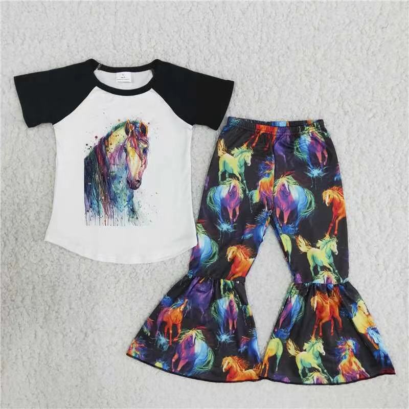 Promotion Baby Girl Short Sleeves Western Horse Shirt Bell Pants Set