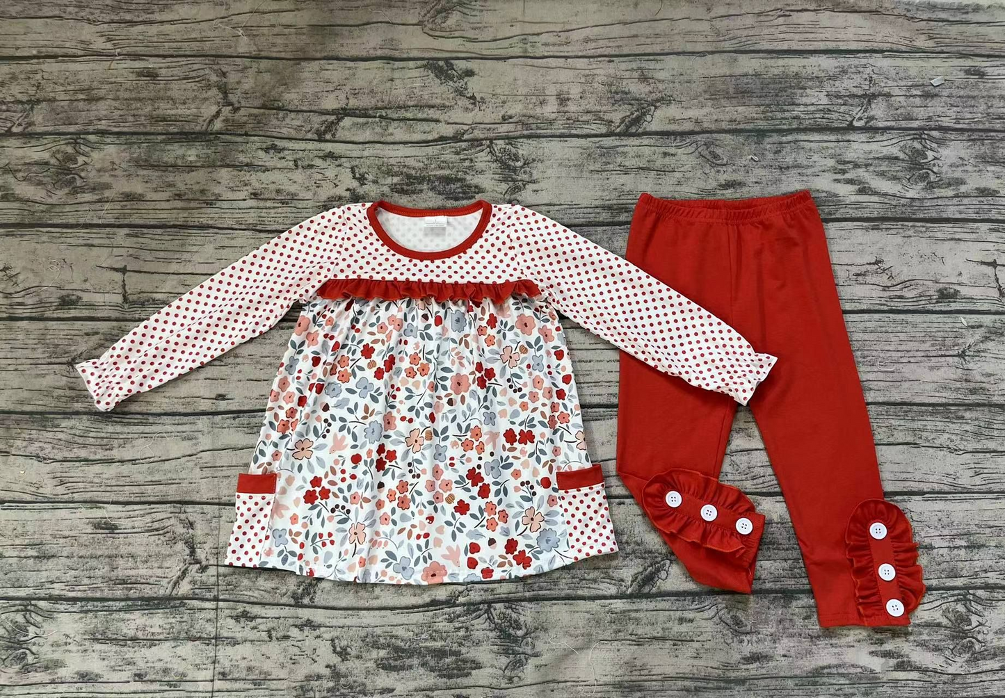 Baby Girl Long Sleeves Flower Pocket Tunic Red Cotton Pants Set