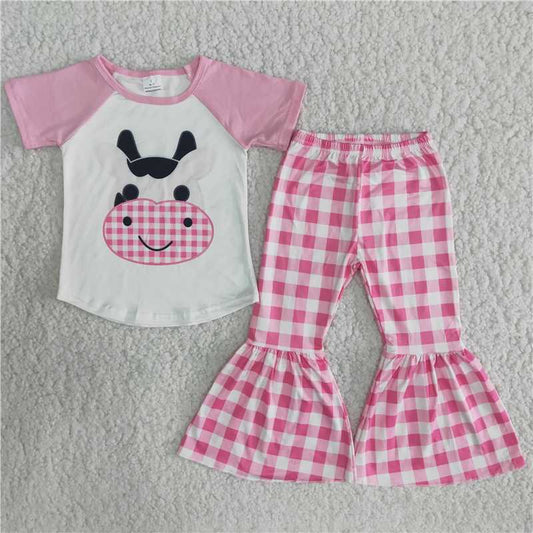 Promotion Baby Girl Cow Pink Plaid Bell Pants Western Outfit