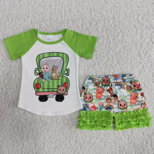 Promotion Baby Girl Summer Cartoon Shirt Green Shorts Set