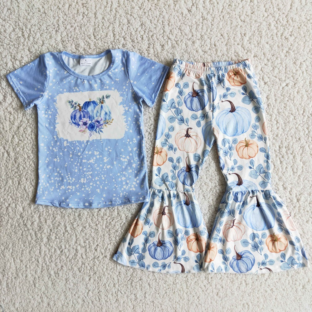 Promotion B9-13 Baby Girl Blue Short Sleeves Pumpkin Shirt Bell Pants Outfit