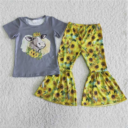 Promotion Baby Girl Western Cow Short Sleeves Shirt Sunflower Bell Pants outfit