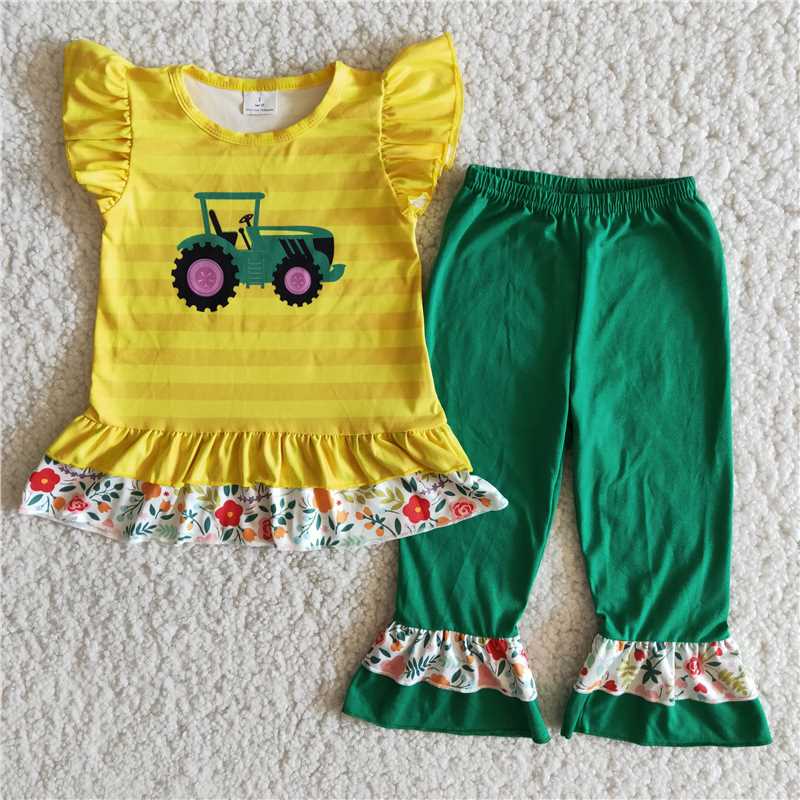 Promotion B9-16 Baby Girl Short Sleeves Tractor Shirt Green Ruffle Pants Outfit