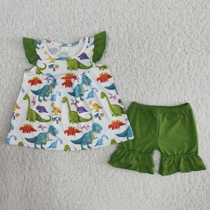 Promotion Baby Girl Summer Dinosaur Green Cotton Shorts Outfit