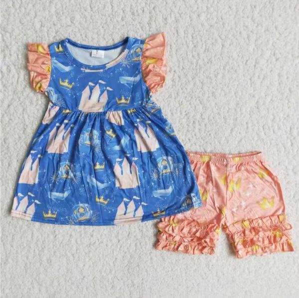 Promotion B9-21 Baby Girl Summer Castle Short Sleeves Shirt Shorts Outfit