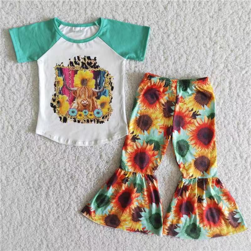 Promotion Baby Girl Short Sleeves Western Cow Sunflower Bell Pants Outfit