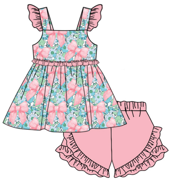 Baby Girl Flower Bows Sibling Matching Dress Romper Pink Clothes Set ( Moq 5 Each style )