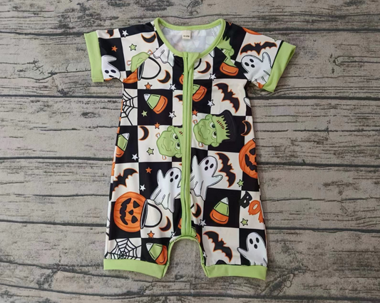 Baby Boy Short Sleeves Pumpkin Ghost Checkered Halloween Romper