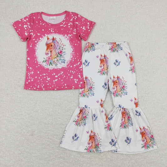 Baby Girl Short Sleeves Pink Shirt Horses Floral Bell Pants Western Set