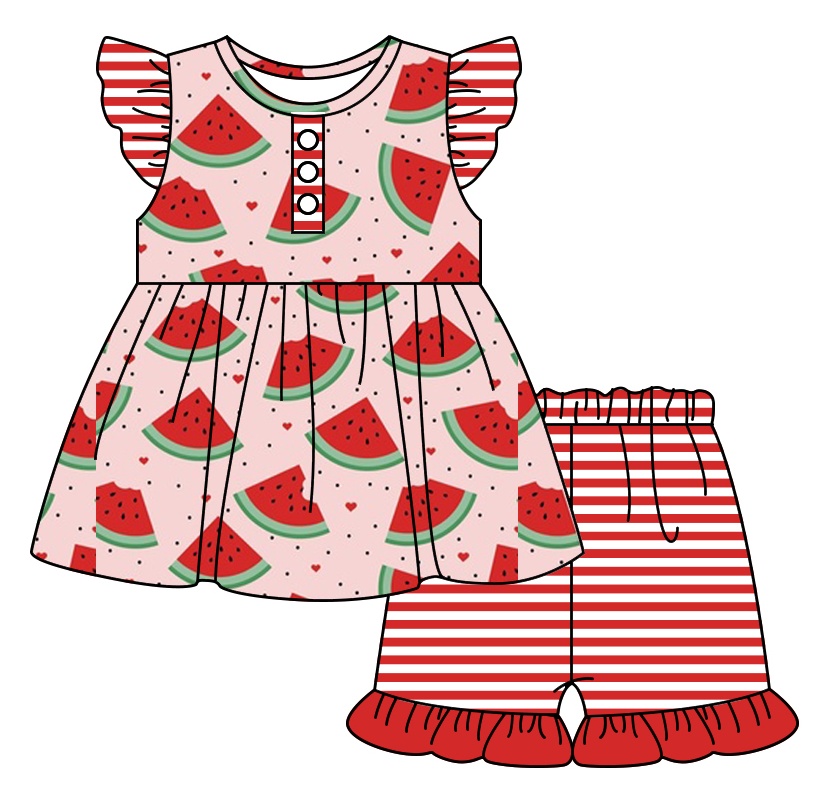 Baby Girl Short Sleeves Watermelon Stripes Hearts Sibling Romper Dress Clothes Set ( Moq 5 Each Design )