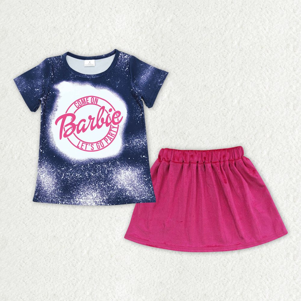 GSD0850 Baby Girl Short Sleeves Doll Shirt Pink Velvet Skirt Set