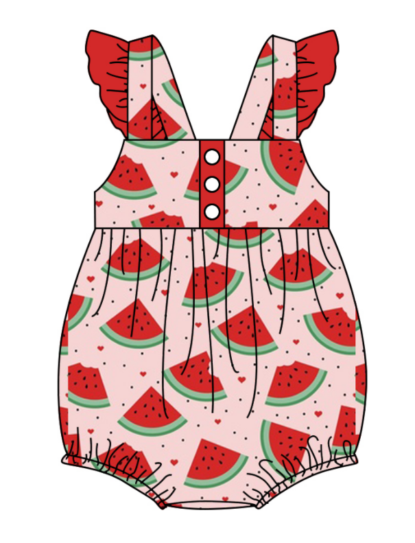 Baby Girl Short Sleeves Watermelon Hearts Sibling Romper Dress Clothes Set ( Moq 5 Each Design )